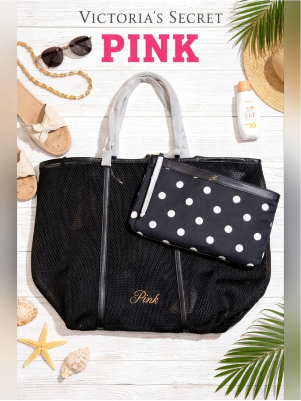 NWT Victoria's Secret PINK Mesh Tote Bag Polka Dot Pouch Set Black Oversized